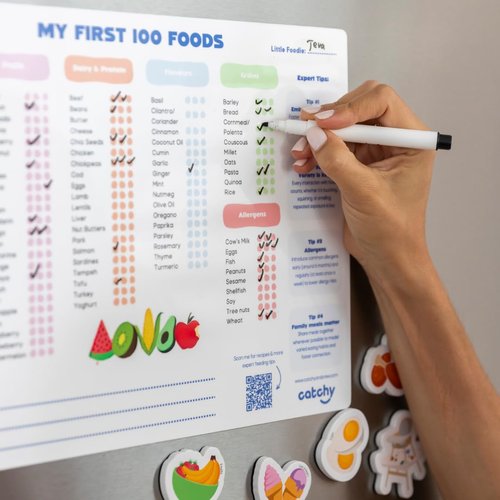CATCHY - My First 100 Foods Tracker Set - 1 Magnetic Whiteboard Checklist, 10 Fridge Magnets + 1 Marker - Lists All Major Food Groups + Key Allergens - with Expert Tips - Reusable