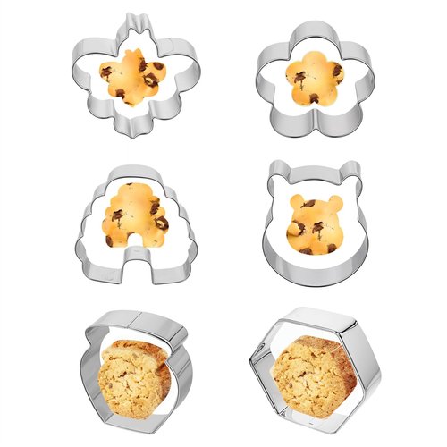 Thinp 6 Pack Bee Cookie Cutter Set-Pooh Bear,Bee,Beehive,Hexagon Honeycomb,Flower and Honey Jar Stainless Steel Cookie Cutters for Honey Bee Party Baking Muffins Decoration Holiday Bakeware