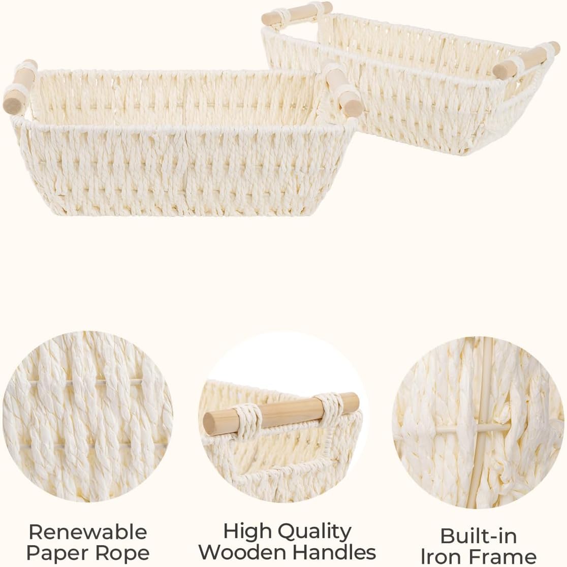 StorageWorks Round Woven Paper Rope Baskets - Stylish Beige 2-Pack with Wooden Handles for Gifts