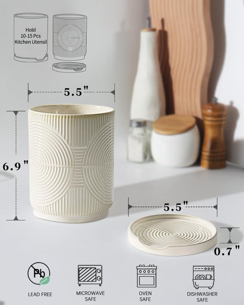 Swkien Utensil Holder, 7.2" Kitchen Utensil Holder for Counter, 2-in-1 Ceramic Cooking Utensils Holders with Spoon Rest, Utensil Crock for Spatula, Ideal Housewarming Gift (Beige)