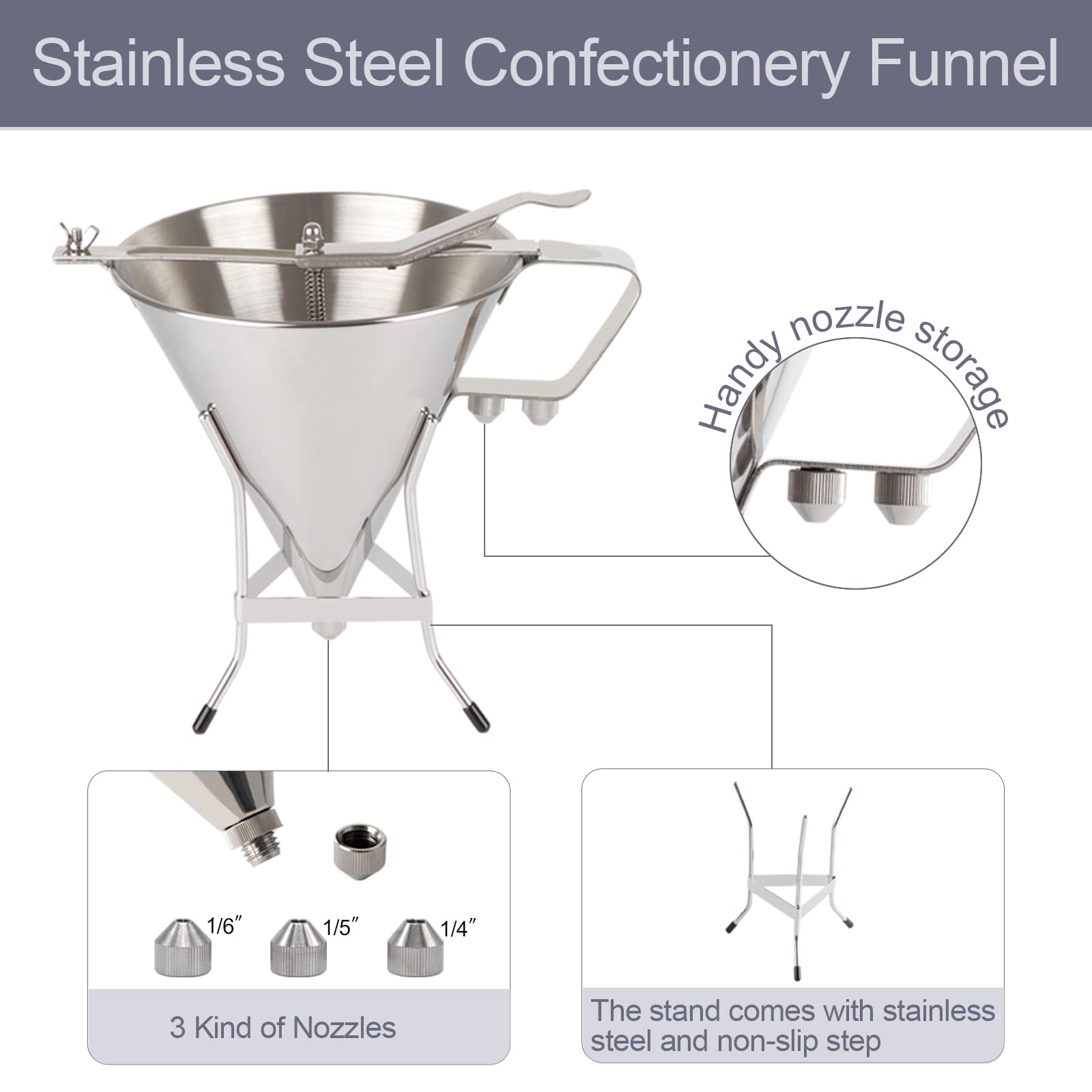 Confectionery Funnel Stainless Steel with Stand and 3 Nozzles, Commercial Grade Cake Decorating Tool Bakery Use, Precise Dispensing and Filling