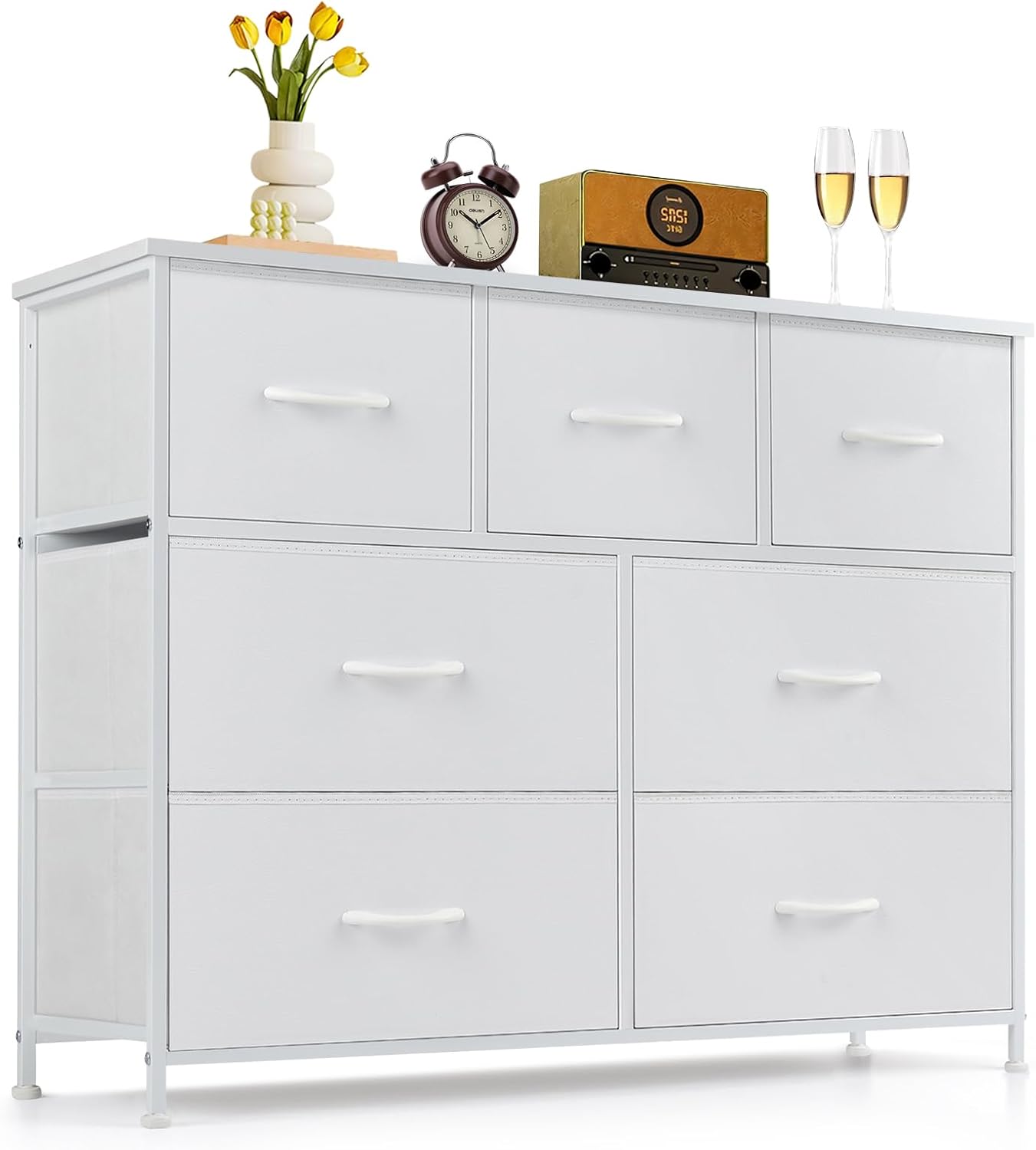 Regine Switzerland 7-Drawer Dresser - Anti-Tip Storage Organizer with Wooden Top | White Finish for Bedroom & Living Room