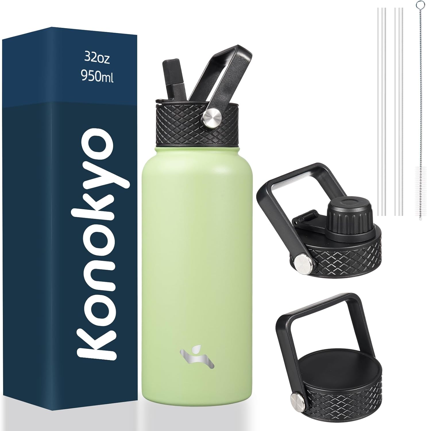 Skiennix 32 Oz Insulated Stainless Steel Water Bottle - Sport Bottle with 3 Lids | Macaron Green