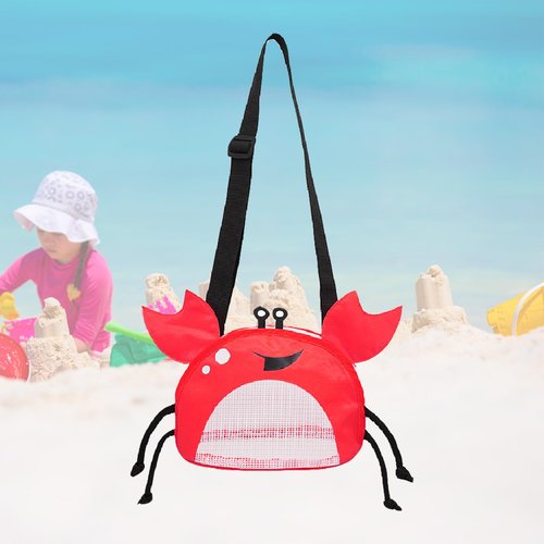 Linsiter Mesh Beach Toy Bag, Crab-Shaped Shell Collecting Bag with Adjustable Shoulder Strap, Cute Sand Toy Storage for Kids, Red