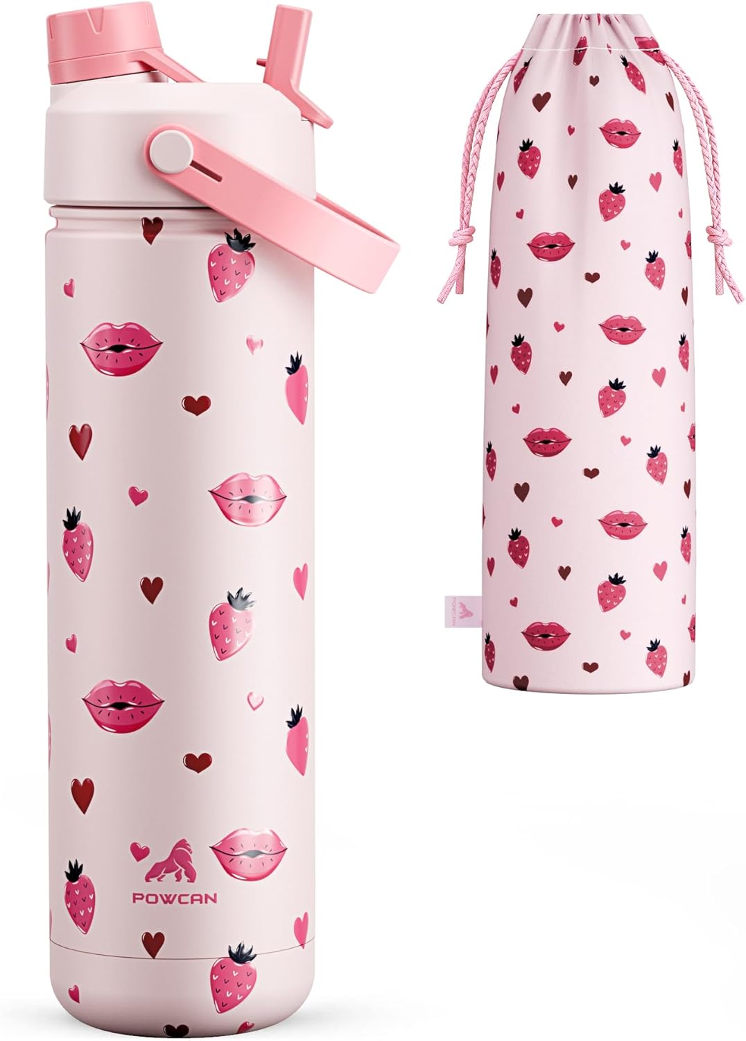 POWCAN 26 oz Insulated Water Bottle - 2-in-1 Straw & Spout Lid, Leak-Proof, Fits Car Cup Holder | Kiss Me Berry