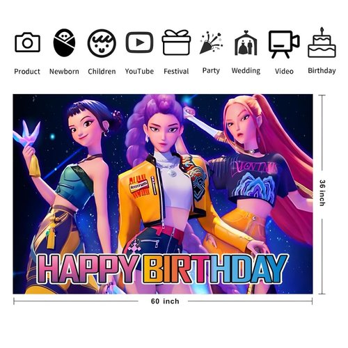 Demon Hunters Birthday Decorations,Demon Hunters Happy Birthday Banner Backdrop for Kids Birthday Party Supplies (5x3ft)