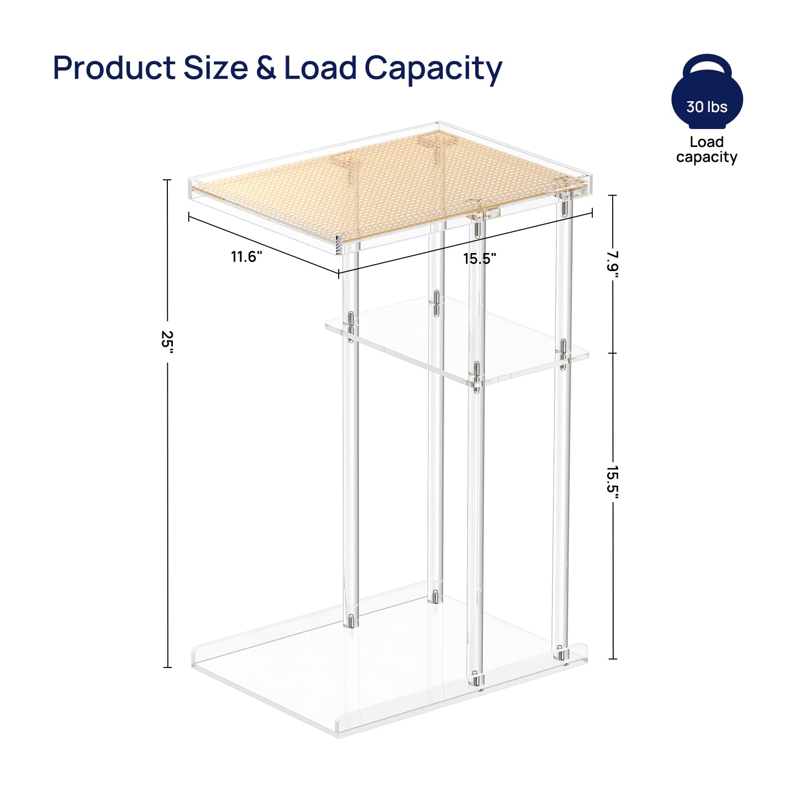 HMYHUM Acrylic C-Shaped End Table, 3-Tier Clear Side Table for Couch, Living Room, Bedroom, Small Spaces, 15.5''L x 11.6''W x 25''H, Woven Rattan Interlayer