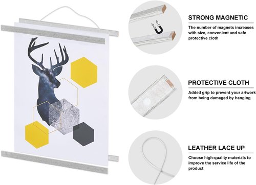Benjia Magnetic Poster Hanger - Wooden Frame for 12x18, 12x16, 12x24 Posters | Grey, 12" Size