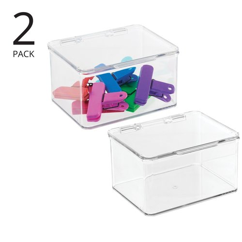 mDesign Plastic Kitchen Pantry and Fridge Storage Organizer Box Containers with Hinged Lid for Shelves or Cabinets, Holds Food, Snacks, Canned Drinks, Seasoning, Condiments, or Utensils, 2 Pack, Clear