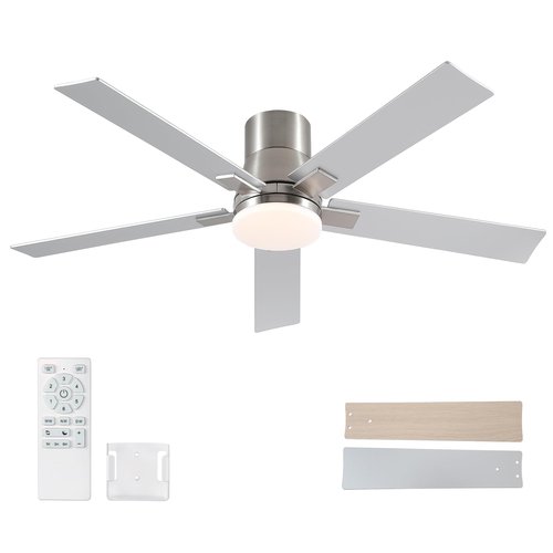 Rayqueen 52 Inch Ceiling Fans with Lights and Remote,Flush Mount Brushed Nickel Ceiling Fan,6 Speed Reversible DC Motor,3CCT Dimmable LED-Low Profile Design for Bedroom, Living room & Covered Outdoor