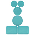 Pyrex (2) 7200-PC 2-Cup, (1) 7201-PC 4-Cup, (2) 7210-PC 3-Cup and (1) 7402-PC 6/7-Cup Turquoise Lids - Made in USA