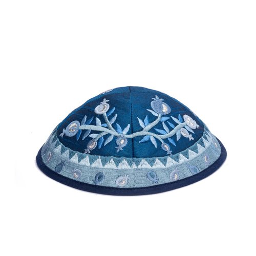 Yair Emanuel Kippah - Embroidered - Pomegranates - Blue