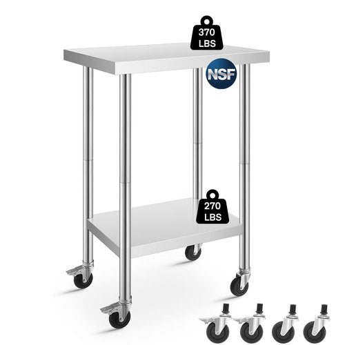Stainless Steel Table for Prep and Work 24 x 18 Inches, NSF Metal Commercial Worktables, W/4 Caster Wheels for Restaurant, Home, Outdoor, Garden, Warehouse and Hotel