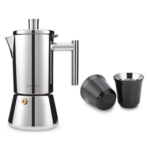 Easyworkz Diego Stovetop Espresso Maker, Bundled With Stainless Steel Espresso Cup 2pcs Set Double Wall Insulated Metal Demitasse Cups