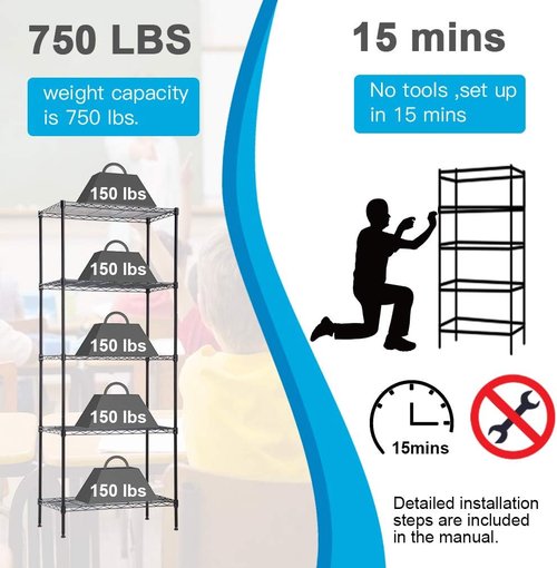 BestOffice 5-Tier Wire Storage Shelves - Heavy-Duty Metal | 14x24x60 | Holds Up to 750 lbs | No-Tool Assembly for Home & Garage