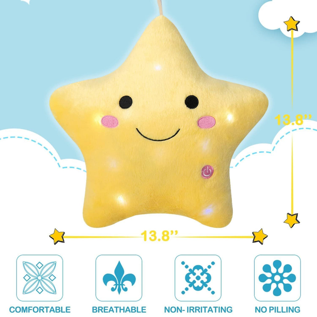 DearSun 13.8" Light Up Twinkle Star Pillow, LED Star Plush Pillow with Colorful Night Lights, Soft Glowing Stuffed Star Toy Cute Throw Pillow for Kids, Birthday Gift, Bedroom, Nursery(Yellow)