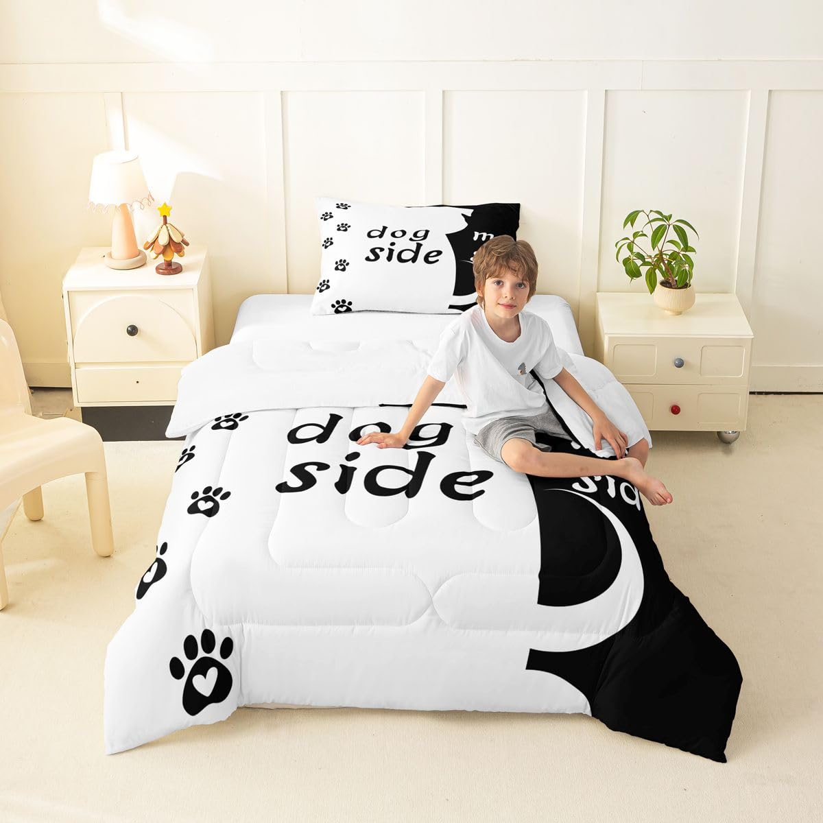 Erosebridal Dog Side and My Side Comforter Set King Size for Couple Women Girls Romantic Theme Bedding Black White Cute Dog Duvet Insert Teens Kids Kawaii Puppy Quilt Bedroom Decor Bedding