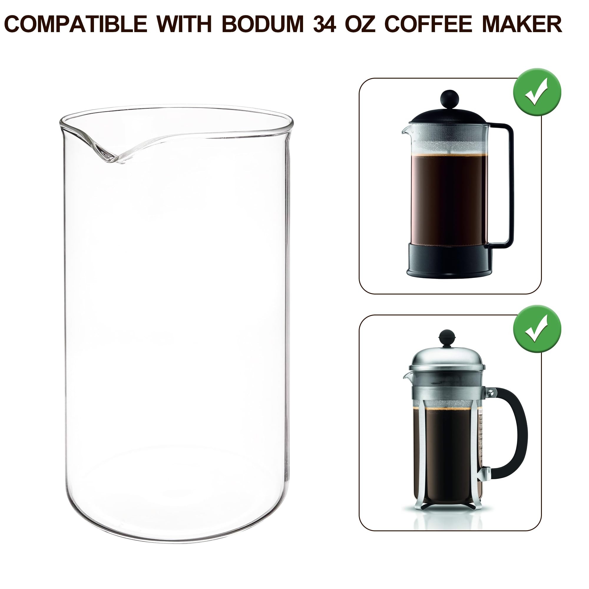 French Press Glass Replacement for Bodum, 34 Ounce, 1 Liter, Dishwasher Safe