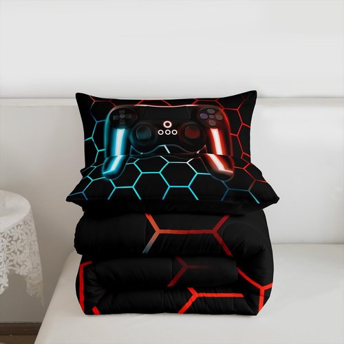 Erosebridal Game Comforter Sets for Boys Gamer Bedding Sets for Boys Queen Lightweight,Teens Modern Gradient Gaming Down Comforter Gamer Home Decor Goemetric Honeycomb Quilted Duvet + 2 Pillowcases