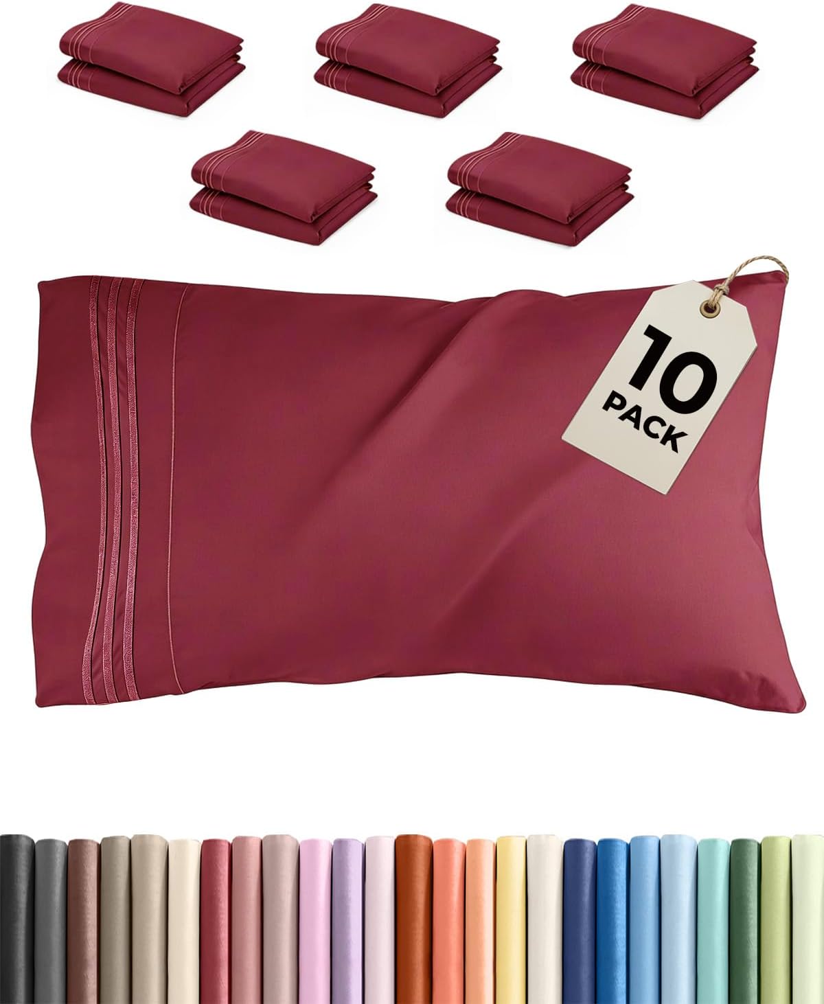 Skiennix Queen Pillow Cases Set of 10 | Ultra Soft Hotel Quality, Wrinkle-Free & Stain Resistant - Burgundy