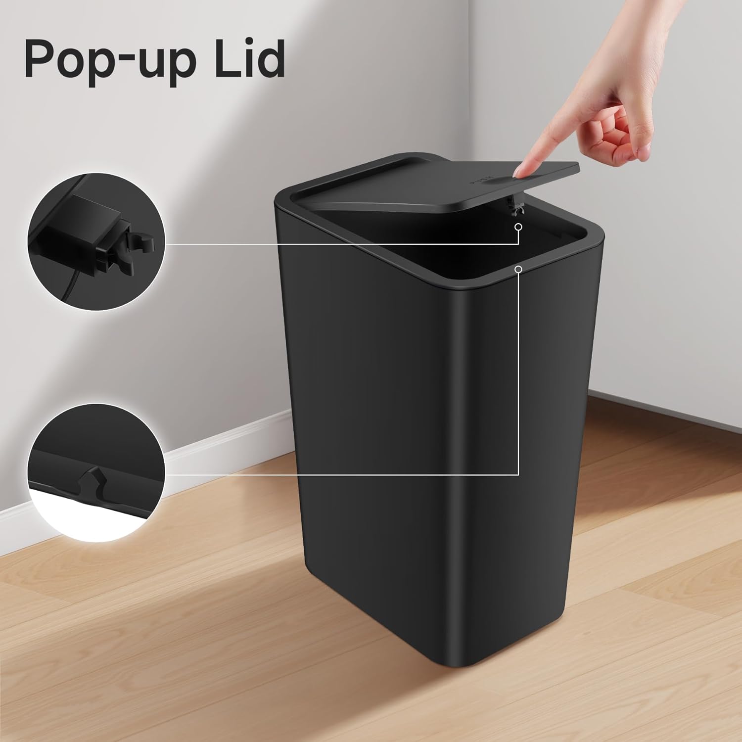 TIPGO Bathroom Trash Can - 4 Gallon Press Top Wastebasket with Pop-Up Lid | Black Plastic Design for Home & Office