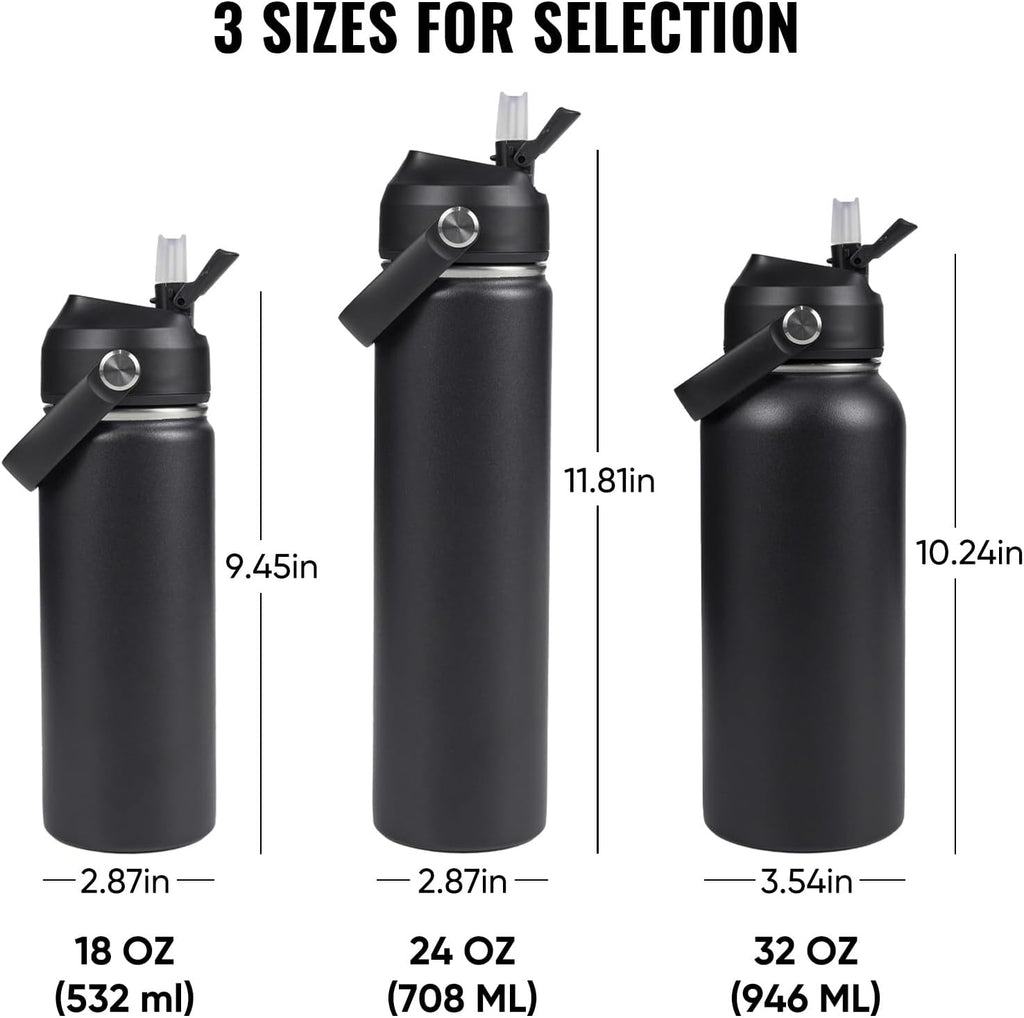 Skiennix 18oz Insulated Stainless Steel Water Bottle - Wide Mouth, Double Wall, Leak Proof, Black
