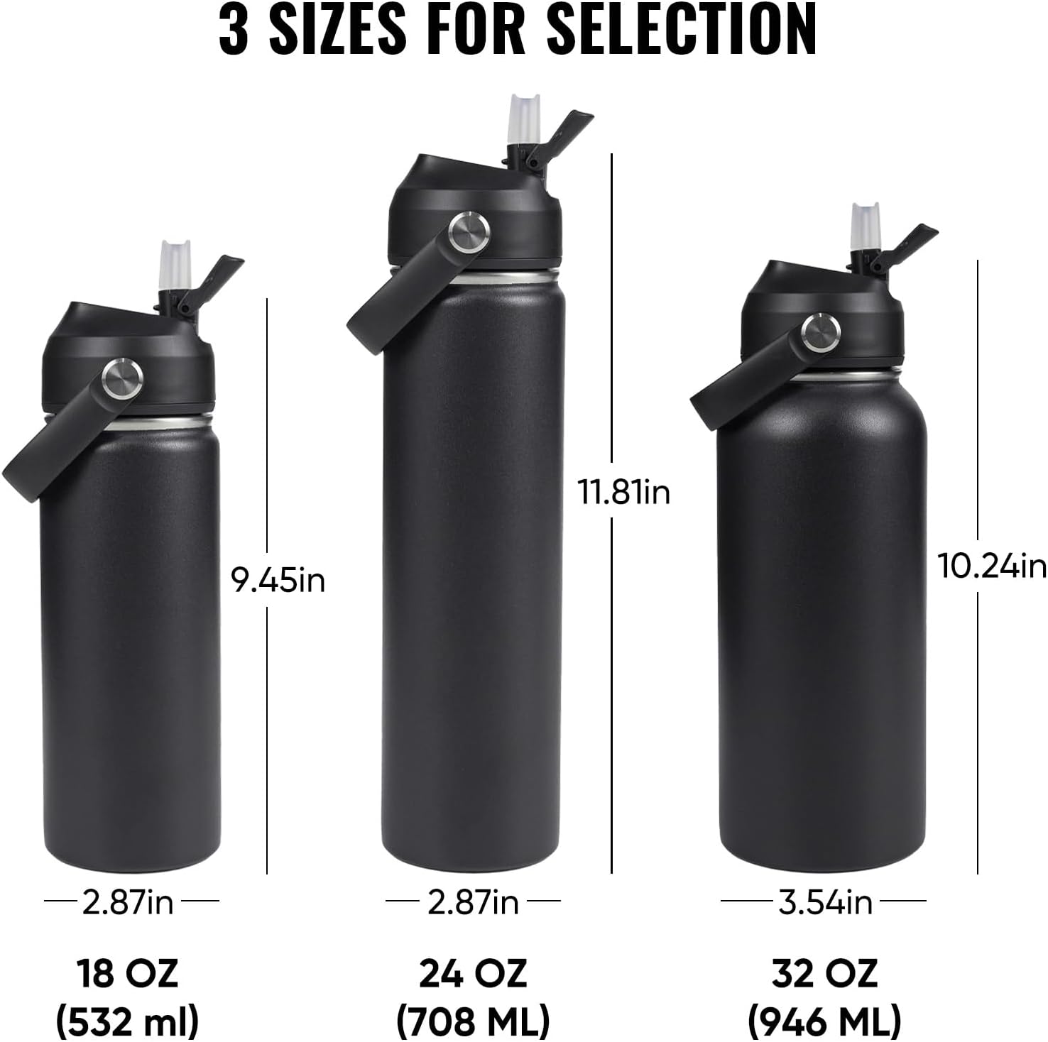 Skiennix 18oz Insulated Stainless Steel Water Bottle - Wide Mouth, Double Wall, Leak Proof, Black