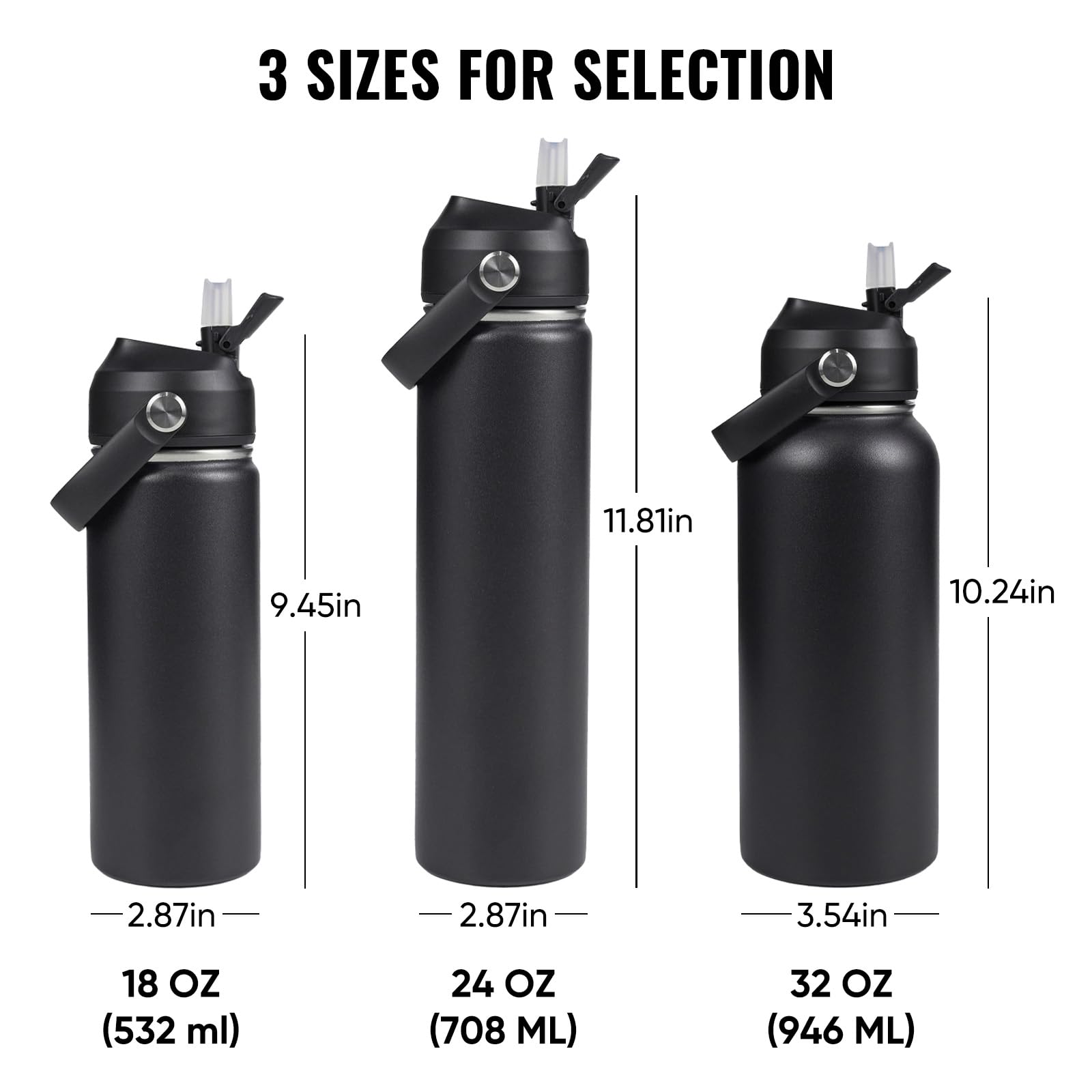 Fijinhom 32oz Insulated Stainless Steel Water Bottle, Wide Mouth Double Wall Vacuum, Silicone Straw, Sweat & Leak Proof, BPA Free Insulated Water Flask for Travel, Keep Cold 24h Hot 12h, Black