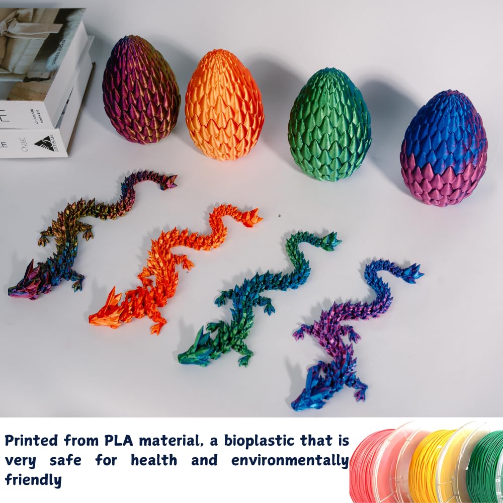 POIVOCF 3D Printed 12” Articulated Crystal Dragon Inside 5.1” Egg – Fantasy Collectible, Fidget Toy & Stocking Easter Basket Stuffers for Home & Office Decor (Multicolor).