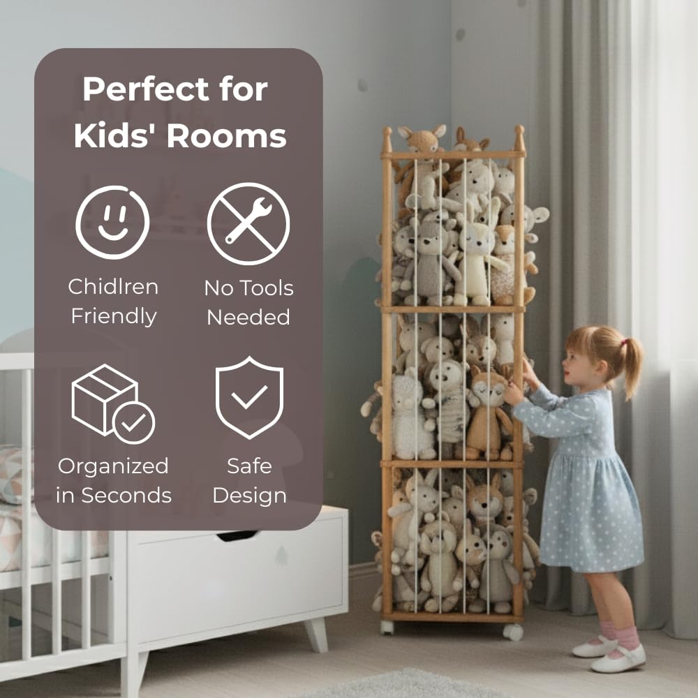 Wooden Stuffed Animal Storage Rack with Wheels, Wonder Space 54" Tall Toy Organizer for Kids Room, Water-Based Paint Finish, Safe & Eco-Friendly Plush Holder Shelf for Toddlers & Babies (Pink)