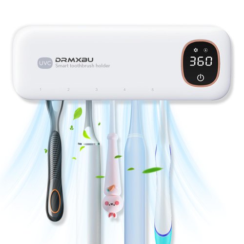 Toothbrush Sanitizer and Holder, DRMXBU Toothbrush Holders for Bathrooms with Light Clean Air Dry, Rechargeable Toothbrush Holders Wall Mounted with 5 Slots, Timer Function Tooth Brush Cleaner Case