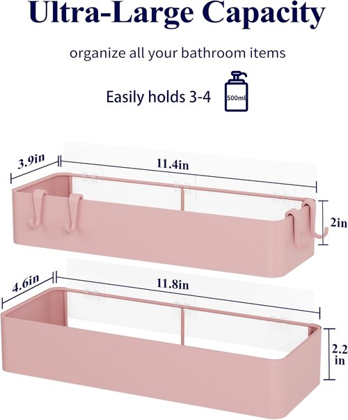 Kitsure Shower Caddy | 2-Pack Adhesive Organizer with Rustproof Metal Shelves - Large Pink