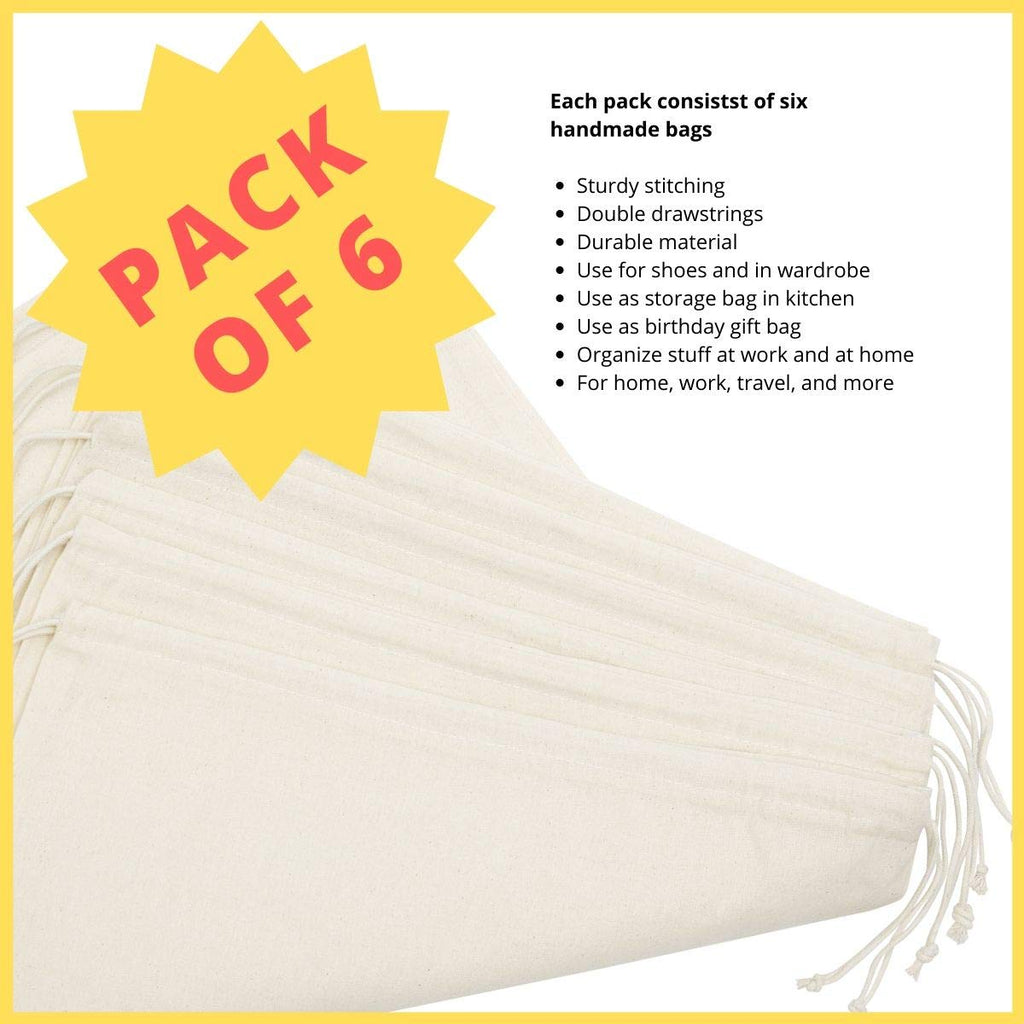 DR 100% Cotton Muslin Shoe Bags (14x17 Inch - 6-Pack) Extra Large Unbleached Natural Fabric Drawstring Storage Pouches for Shoes Boots Travel Closet Organization