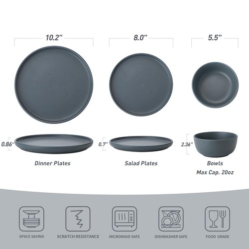 Famiware Dawn Plates and Bowls Sets, 12 Pieces Stoneware Dinnerware Sets, Dishes Set for 4, Microwave and Dishwasher Safe, Speckled Charcoal