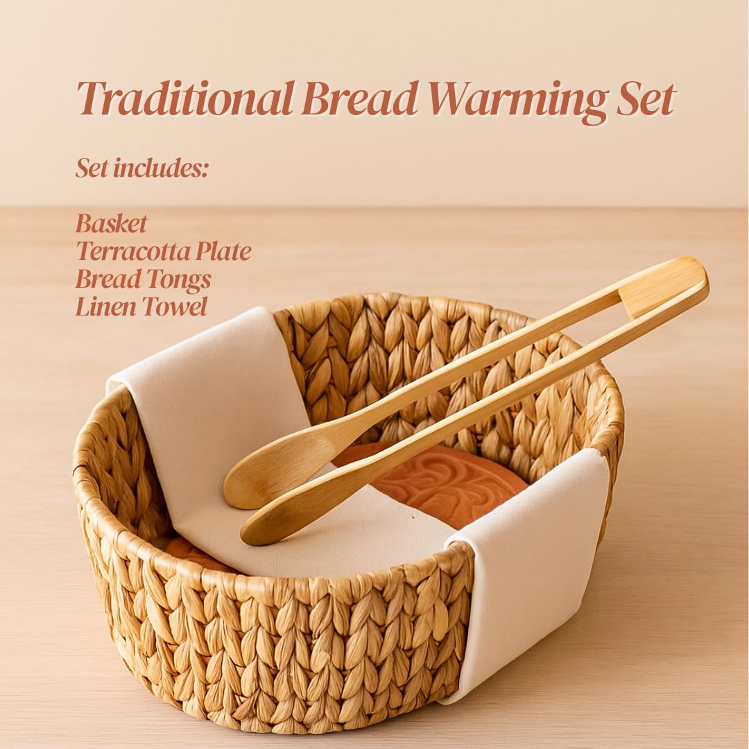 Premium Bread Basket with Warmer – Woven Serving Basket with Terracotta Warming Stone & Tongs, Keeps Bread Warm Longer, Modern Table Basket for Bread, Rolls & Tortillas, Mothers day, Mothers day gift