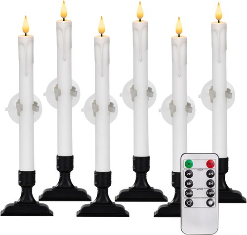 Homemory 6 Pcs Battery Operated Window Candles - Remote Timer Dimmer & Holders | White LED Xmas Decor