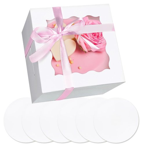 Bakepacker 36pcs 6x6x5 Inches with Window 18-Packs White 6 Inch Bakery Boxes (18 Cake Boxes +18 Cake Boards + 10 Meters Silk Ribbon Includes Included)