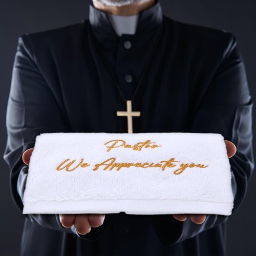 HunnmingRe 4 Pack 13.8 Inch Pastor Towels for Men Christian Embroidered Cross Cotton Hand Towels Appreciation Gifts with Clergy Dove for Christian Church Clergy(Black White,Appreciate)