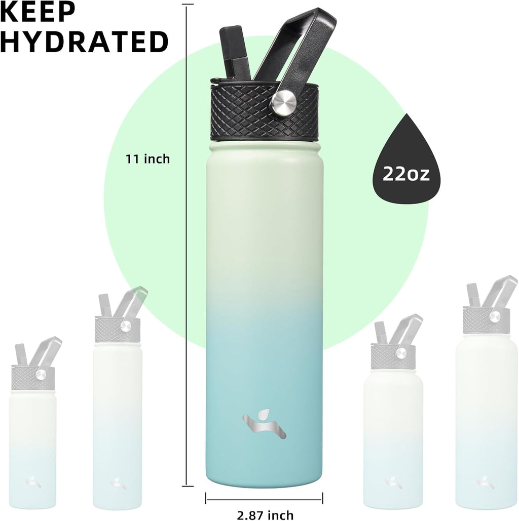 Skiennix 22oz Stainless Steel Water Bottle - Insulated with 3 Lids | Mint Color