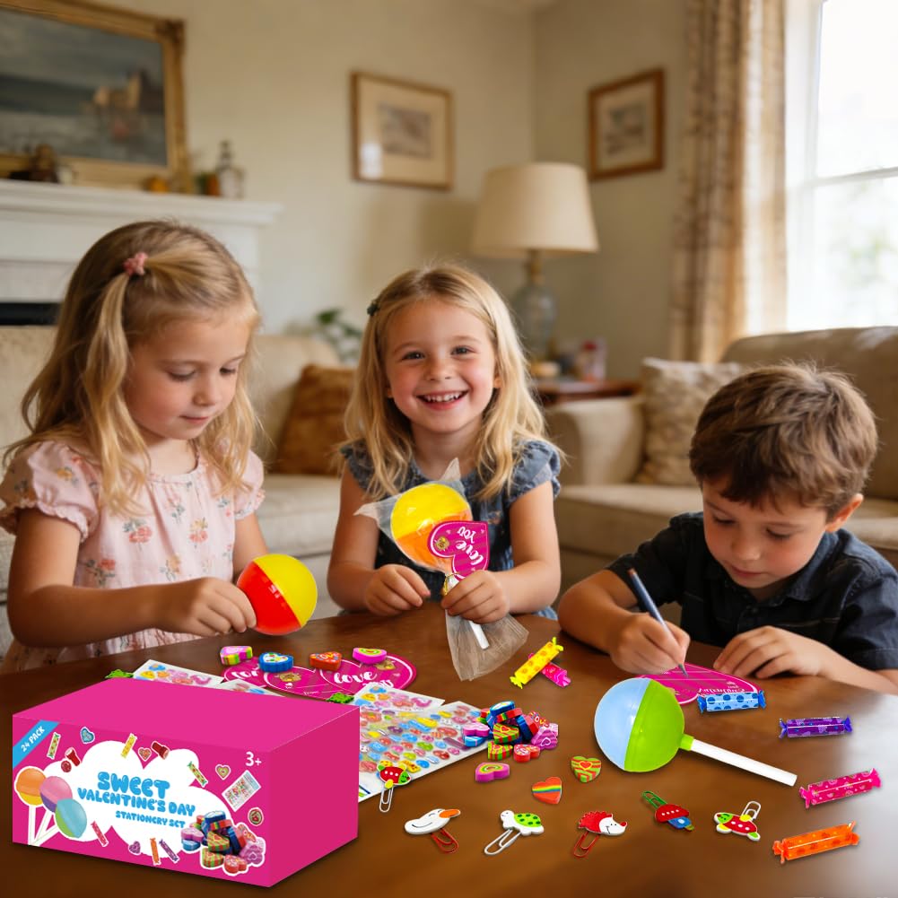 UMEELR 24Pack Lollipop Stationery Set with Heart Cards Highlighter Stickers Cartoon Paperclip Erasers for School Class Prize Easter Basket Stuffers, Easter Egg Hunt