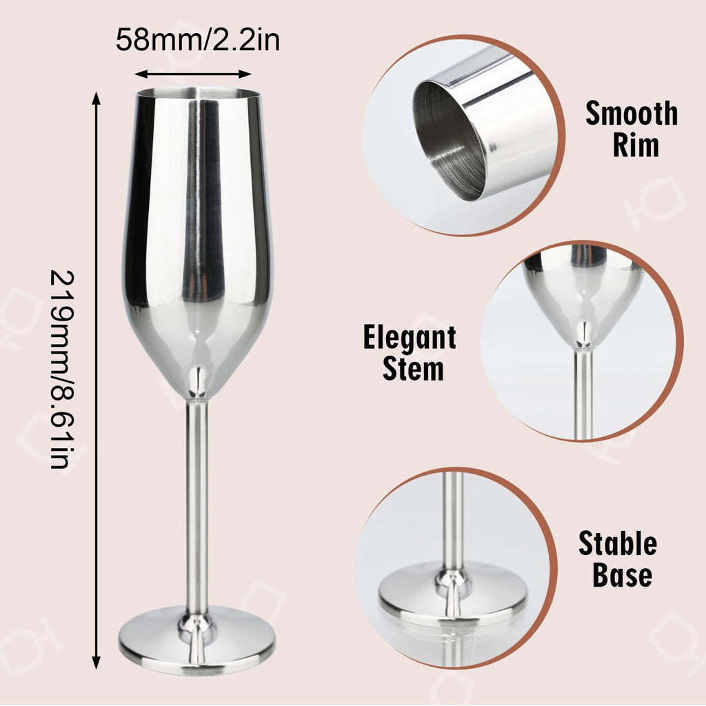 TJ Unbreakable 8 Oz Stainless Steel Champagne Flutes (2 Pack)- Silver Champagne Glasses - Reusable Indoor Outdoor Drinkware - Keeps Drink Cool for Longer - Gift Idea