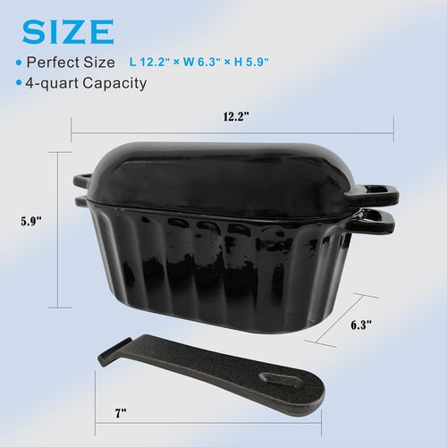 FANQIEW Dutch Oven Enameled Cast Iron Bread Pan with Lid Sourdough Loaf Pans for Baking Bread Large Heavy Oval Bread Dutch Oven with Movable Handle 4 Qt Black Dishwasher Safe