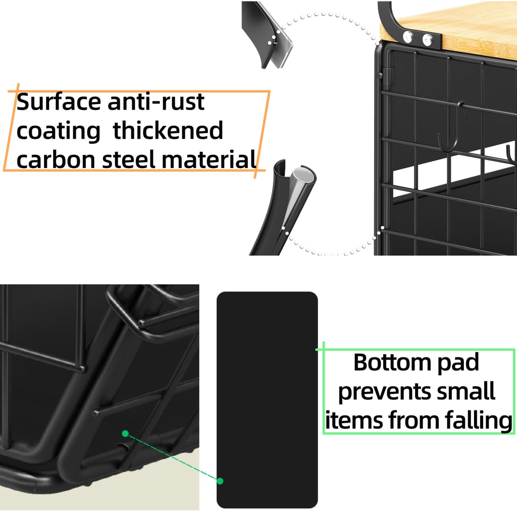 DecruKaltiz Magnetic Shelf for Fridge with Bamboo Lid,Fruit Vegetable Potato and Onion Wire Basket, Refrigerator Magnetic Spice Rack for Countertops, Cabinets, Laundry Rooms and RVs (Black, 1 Pack)