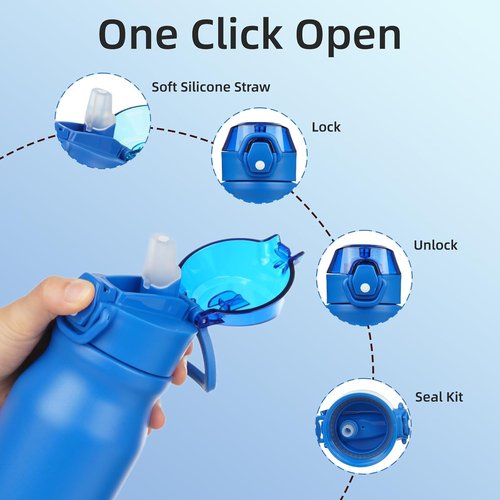 BJPKPK 25oz Insulated Water Bottle - Stainless Steel, BPA-Free, Leak-Proof | Blue with Straw & Lockable Lid