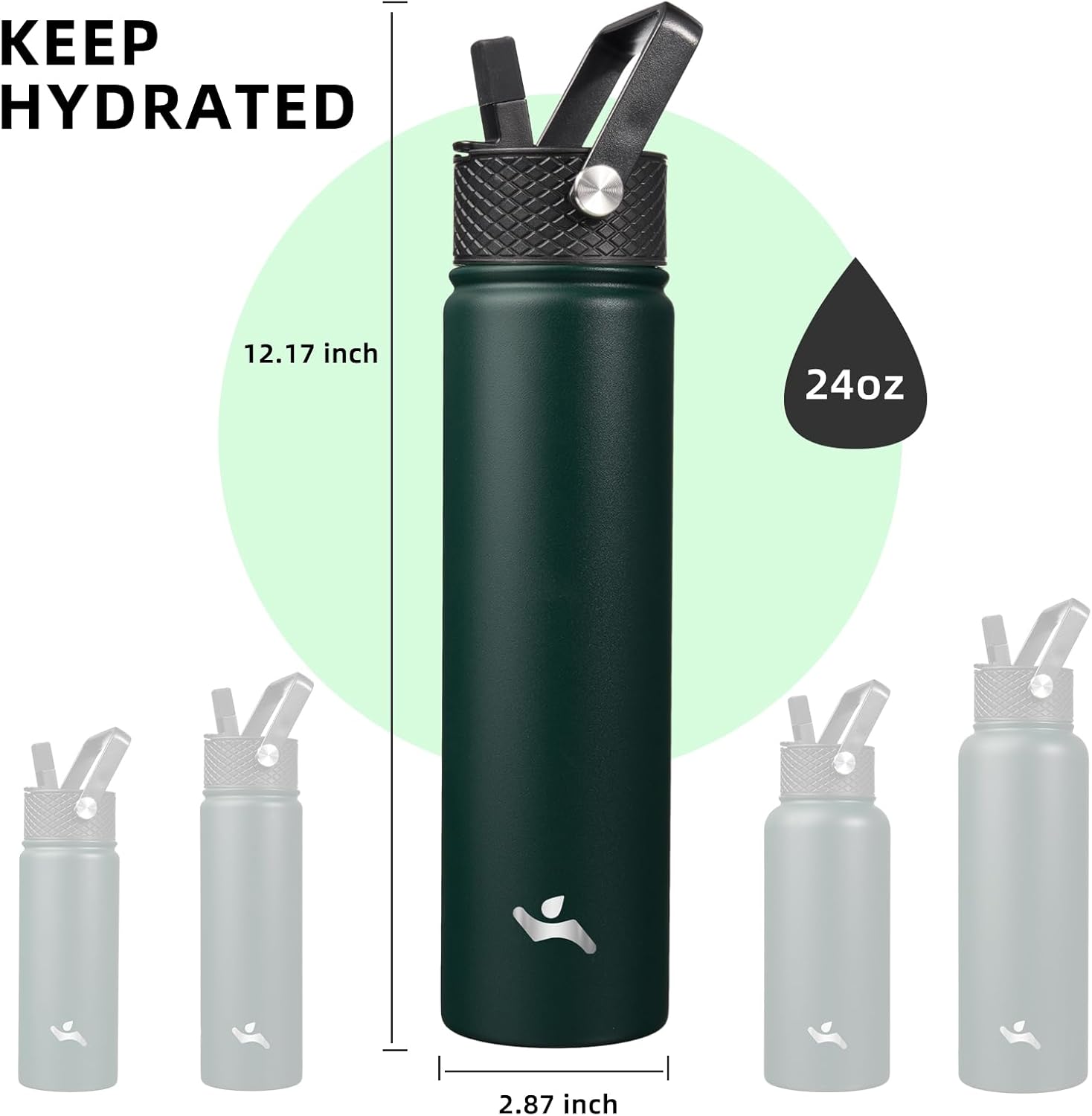 Skiennix Insulated Water Bottle - 24oz Stainless Steel Sport Bottle with 3 Lids | Army Green