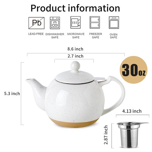 HVH 34 oz Porcelain Teapot with Stainless Steel Infuser, Ceramic Tea pot with Infuser for Loose Tea, Enough For 6 Cups, High Tea Series, Farmhouse Style (White)