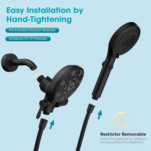 FASDUNT Dual Handheld Shower Head Combo, Enjoy 6-Setting Rain Showerhead and 6-Setting Hand Held Shower Separately or Together, 2 in 1 Showerhead with 80" Extra Long Stainless Steel Hose, Black