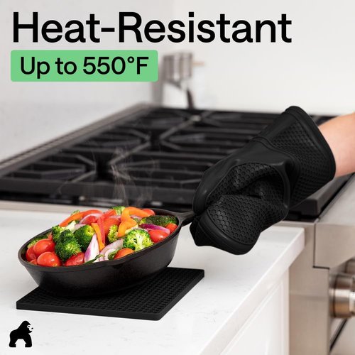 Gorilla Grip Silicone Oven Mitts Set - BPA-Free, Heat Resistant & Waterproof | 4-Piece Black Cooking Gloves