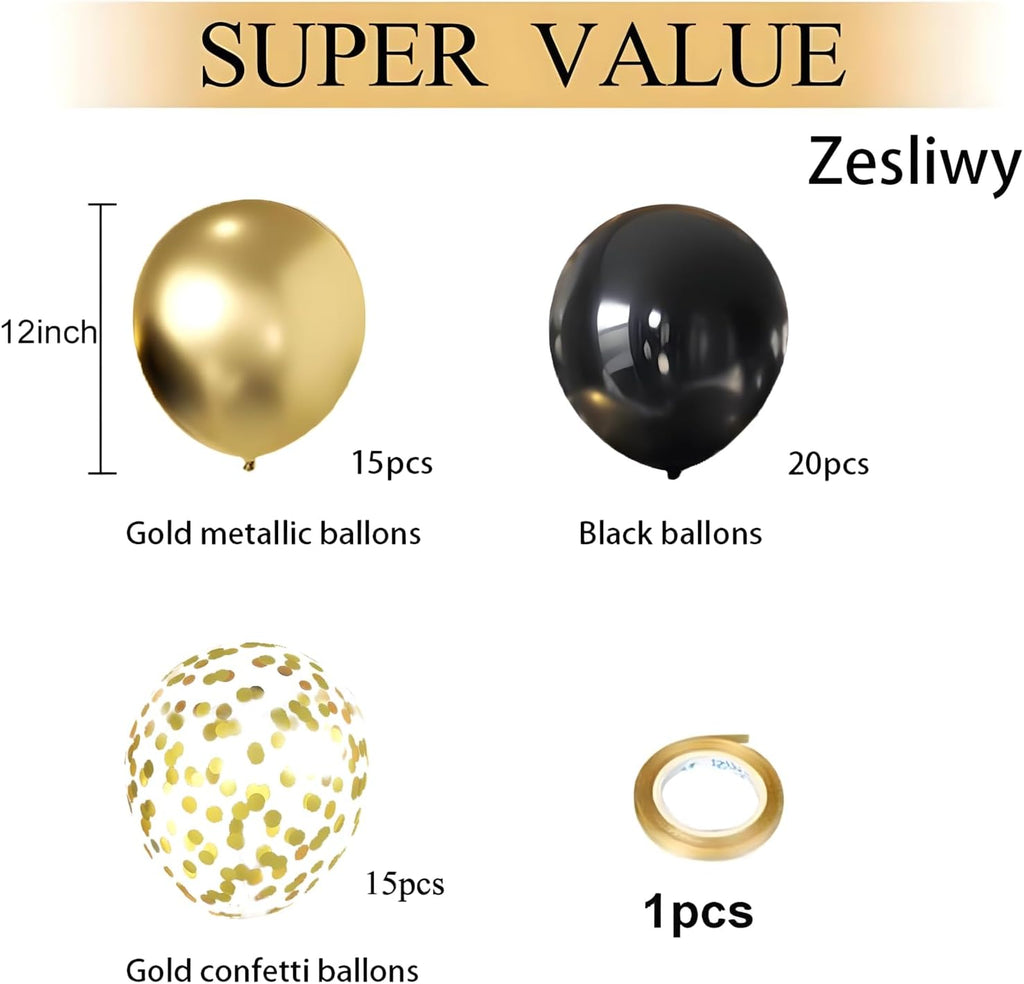 Zesliwy Black and Gold Confetti Balloons - 50 Pack Metallic Latex Balloons for Party Decor