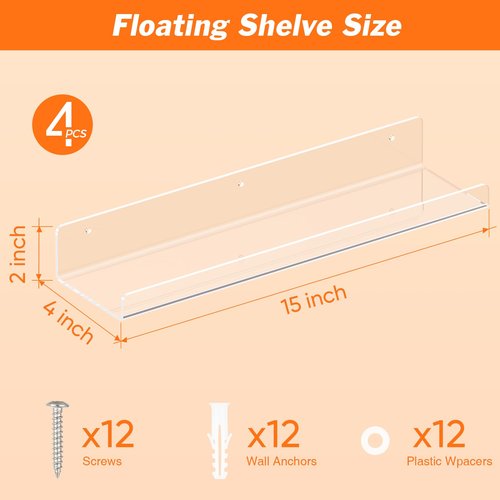 Dooiclear 4 Pack Floating Shelves for Wall, 15" Clear Book Shelf, Acrylic Floating Wall Shelf, Display Shelves Organizer for Bathroom, Classroom, Bedroom, Living Room, Kitchen, Room Decor